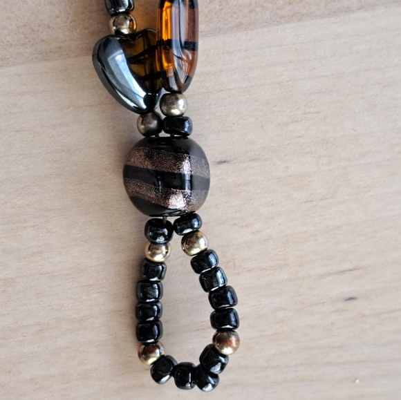 Black & Amber Art Glass, Golden and Hematite Charm Double Strand Beaded Bracelet - Picture 11 of 12